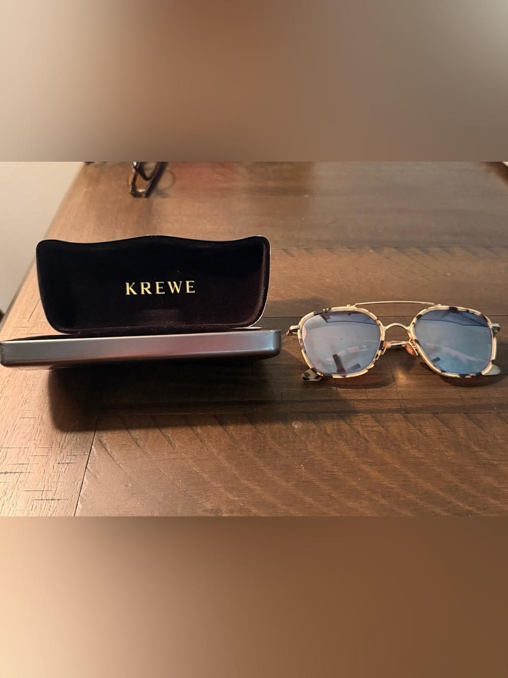 KREWE Tortoiseshell Frame Sunglasses with Blue Lenses